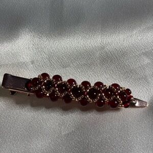 Hand crafted 4 inch hair clip garnet colored round beads gold red seed beads
